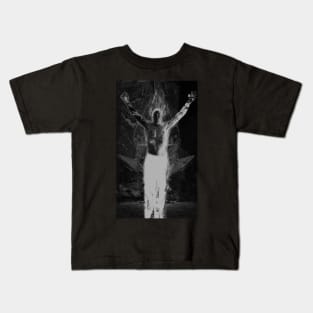 Portrait, digital collage and special processing. Shirtless man, stands. All chakras opened. Mystic. Grayscale. Kids T-Shirt